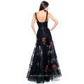 Hot Sale Sexy Deep V-Neck Fitted A-Line Eveing Dress with a Lace and Red Flower Applique Sheer Skirt